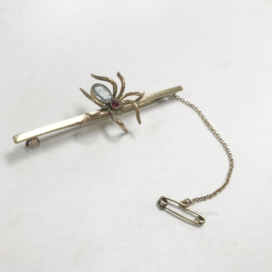 e809 Vintage Unique 9K Yellow Gold Spider Red Blue Stone Pin Brooch