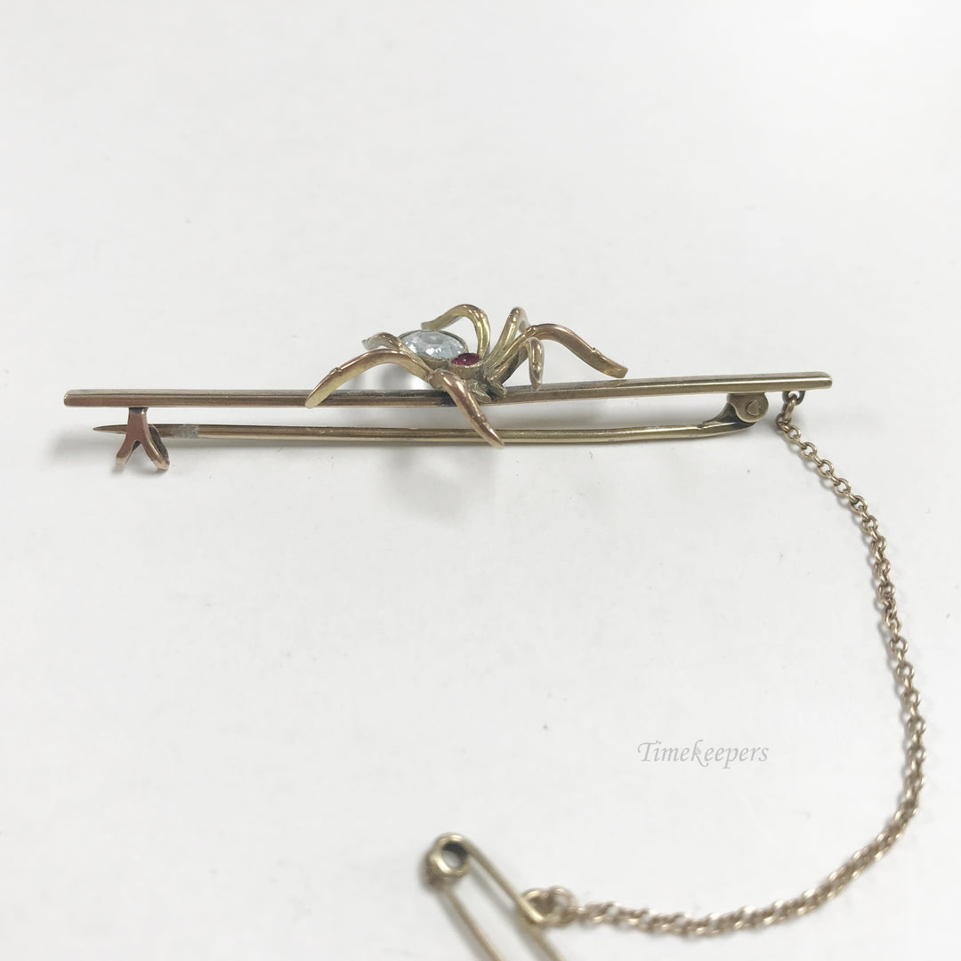e809 Vintage Unique 9K Yellow Gold Spider Red Blue Stone Pin Brooch