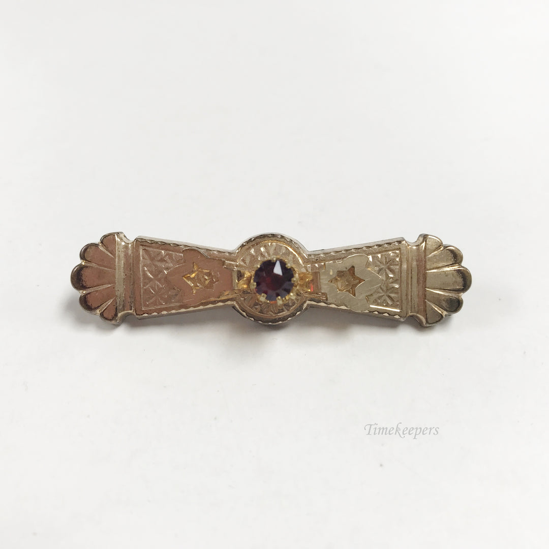 e810 Vintage Unique Gold Filled Red Stone Embossed Pin Brooch