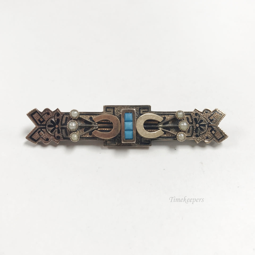 e812 Vintage 10K Yellow Gold Pearl Blue Stone Pin Brooch