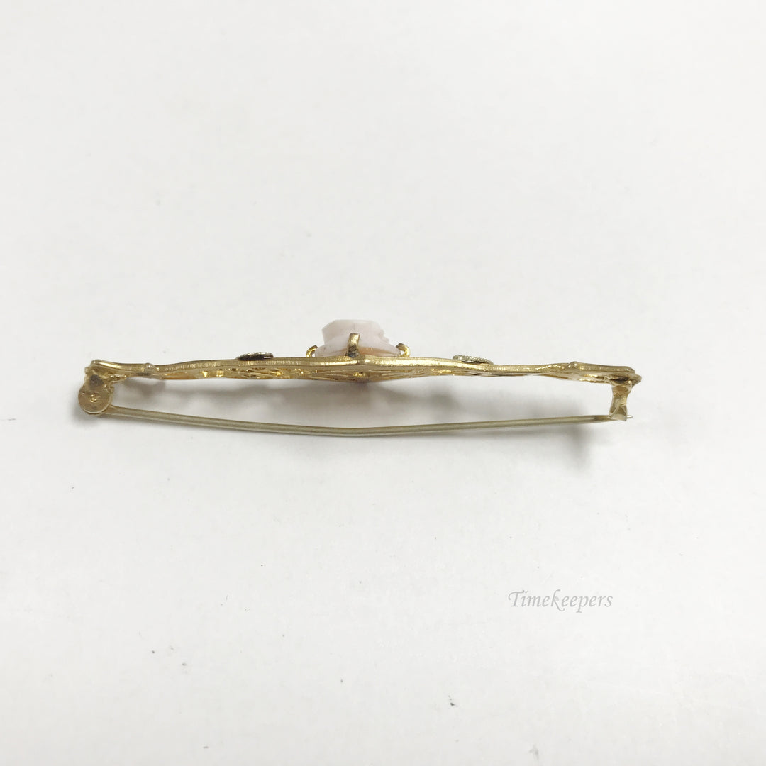 e814 Vintage Gold Filled Pinked Carved Cameo Filigree Pin Brooch