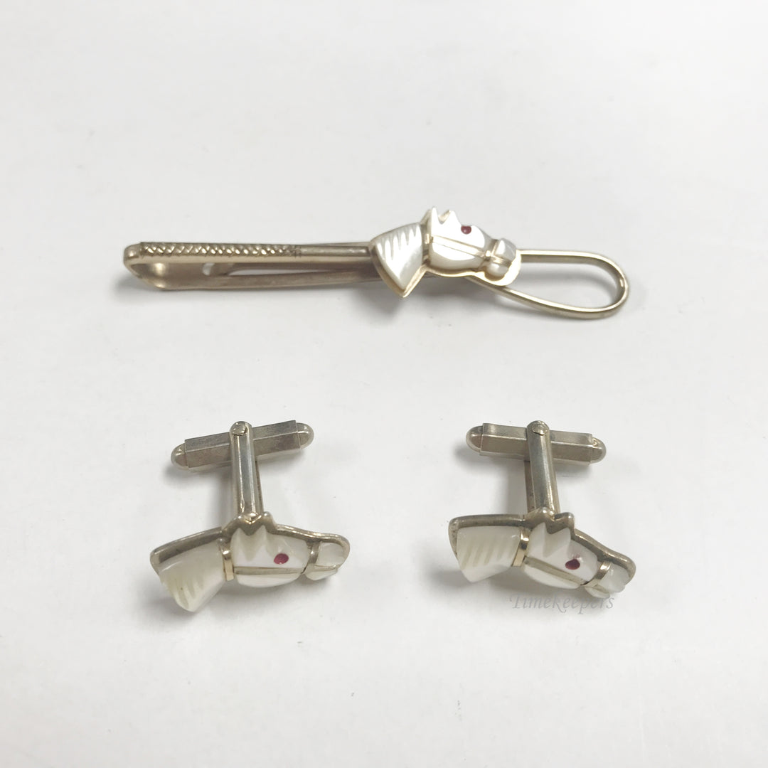e816 Vintage Rare Oxford Gold Filled Mother of Pearl Horse Cuff Links & Tie Clip
