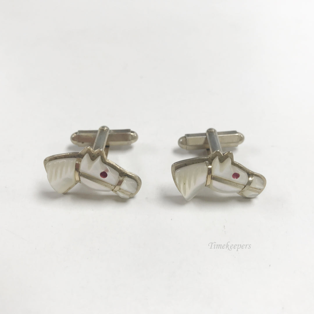 e816 Vintage Rare Oxford Gold Filled Mother of Pearl Horse Cuff Links & Tie Clip