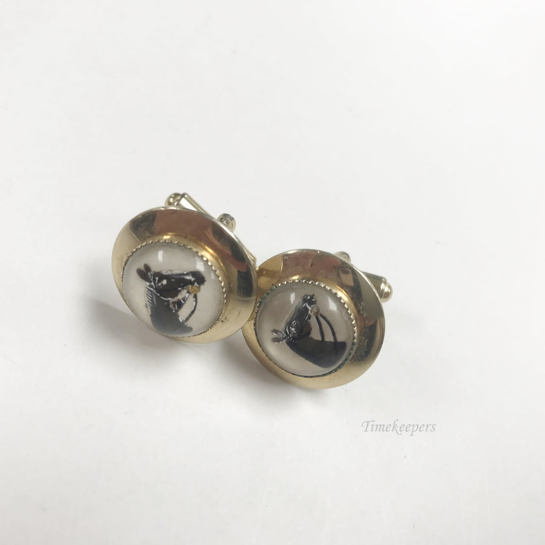 e818 Vintage Reverse Painted Horse Crystal Gold Tone Cuff Links