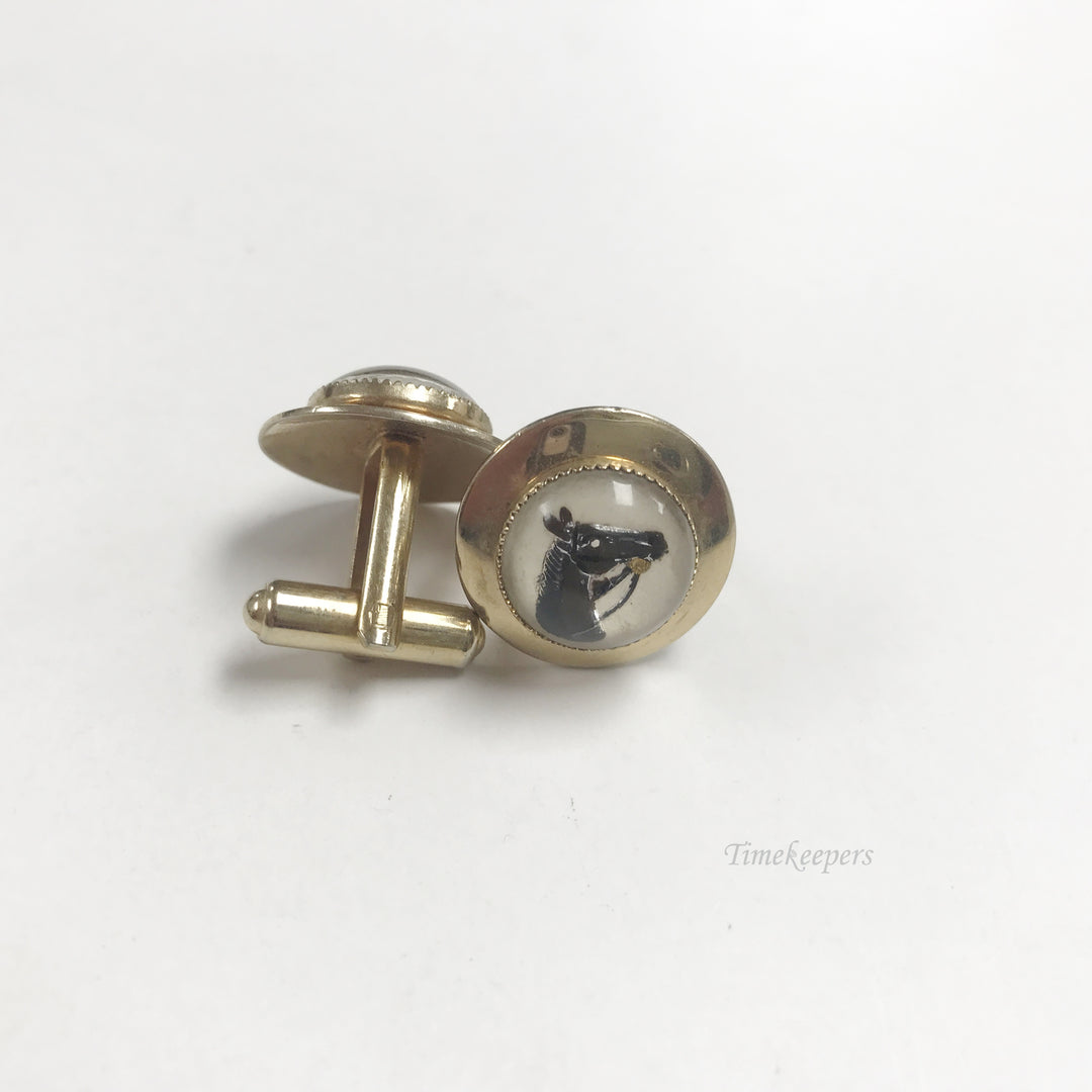 e818 Vintage Reverse Painted Horse Crystal Gold Tone Cuff Links
