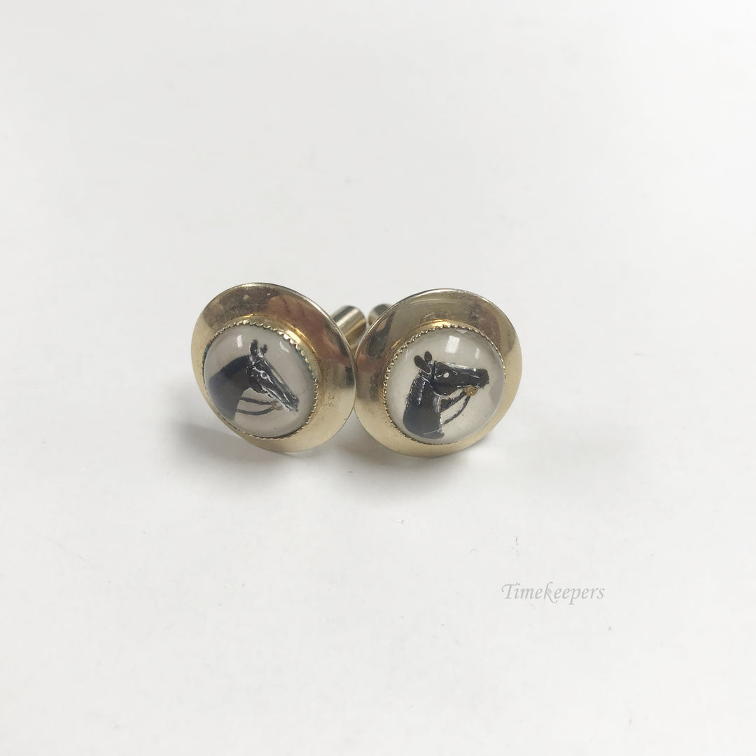 e818 Vintage Reverse Painted Horse Crystal Gold Tone Cuff Links