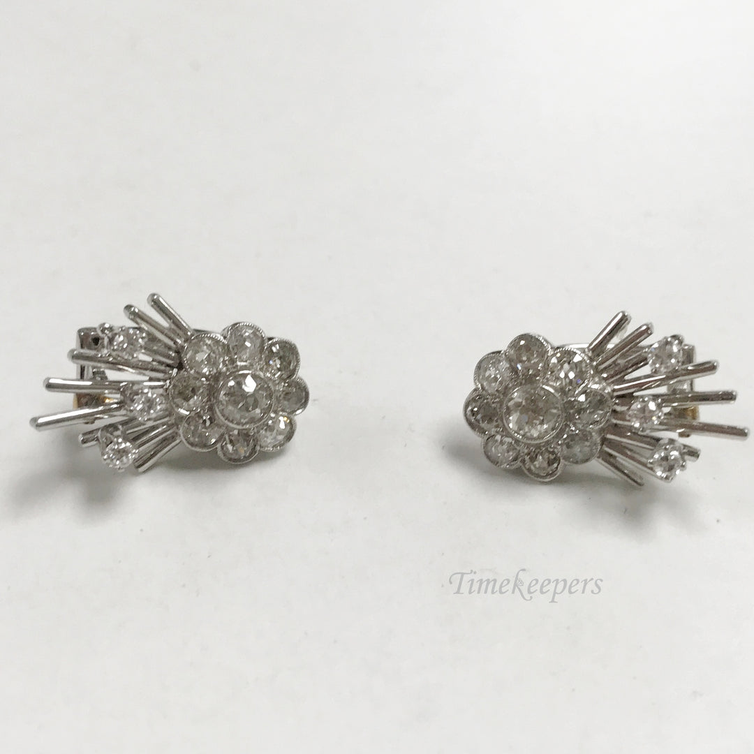 e876 Vintage 14K White Gold Elegant Diamond Floral Earrings 1TCW