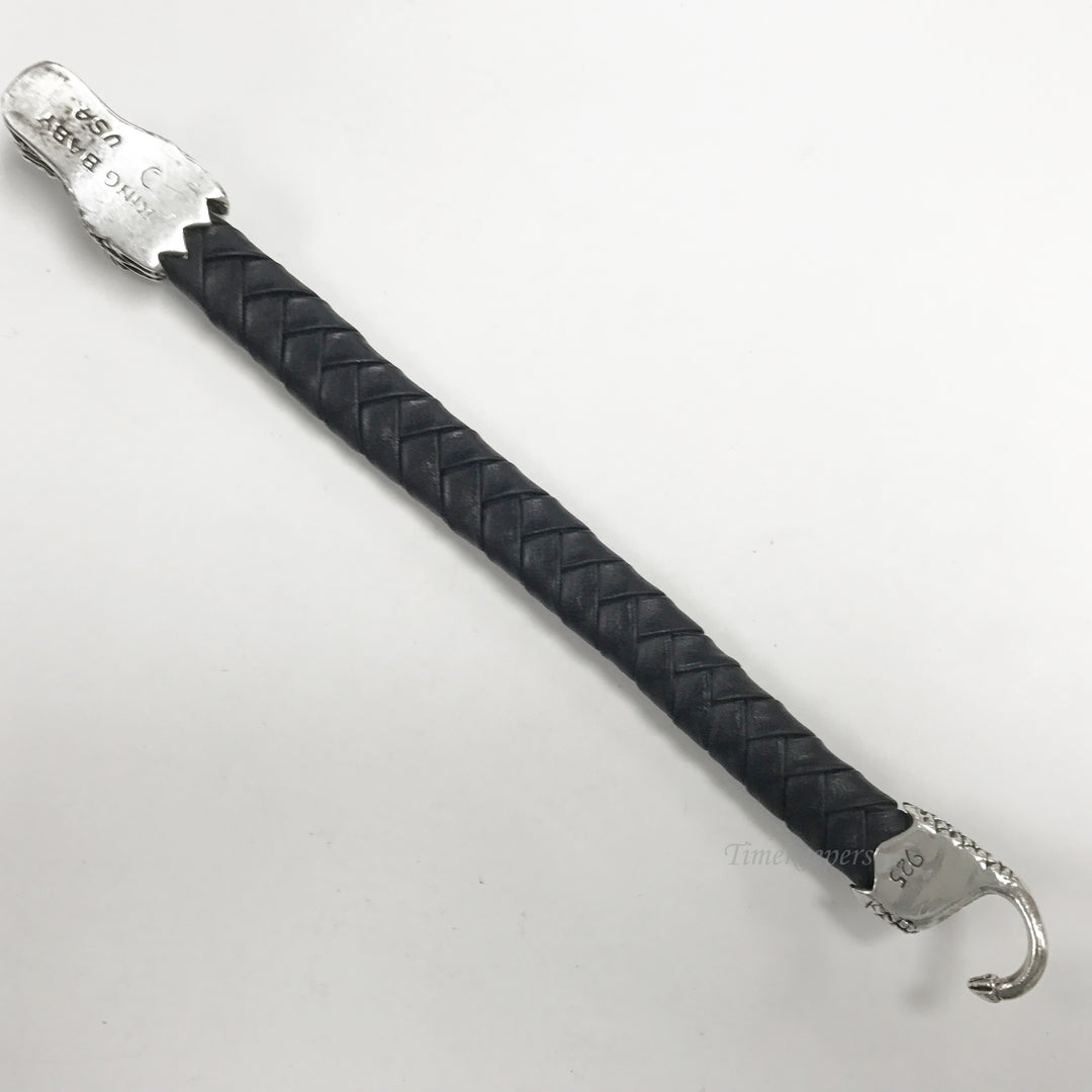 e880 King Baby .925 Silver Dragon Clasp Braided Black Leather Bracelet 7.5" Long