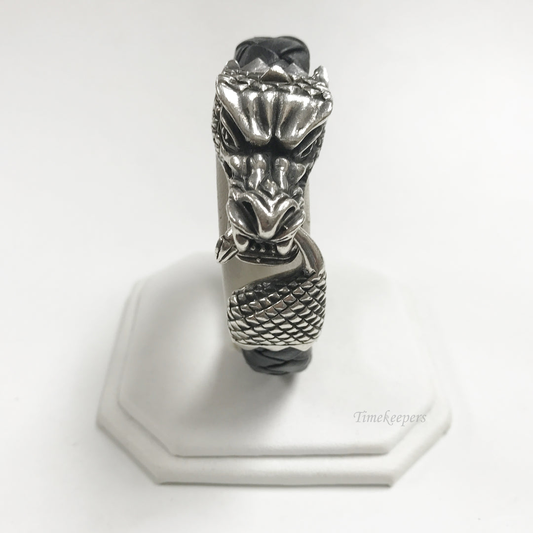 e880 King Baby .925 Silver Dragon Clasp Braided Black Leather Bracelet 7.5" Long
