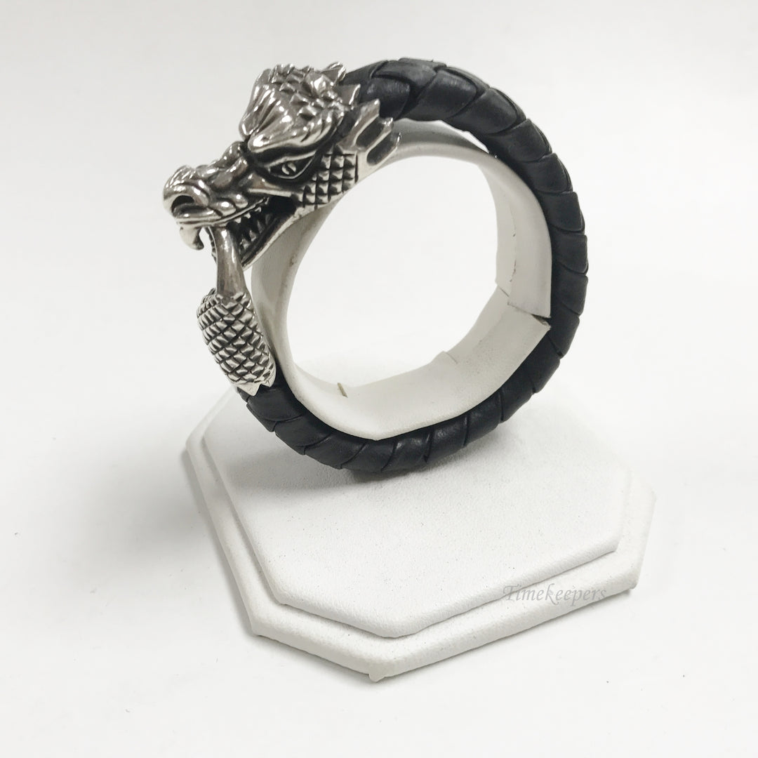 e880 King Baby .925 Silver Dragon Clasp Braided Black Leather Bracelet 7.5" Long