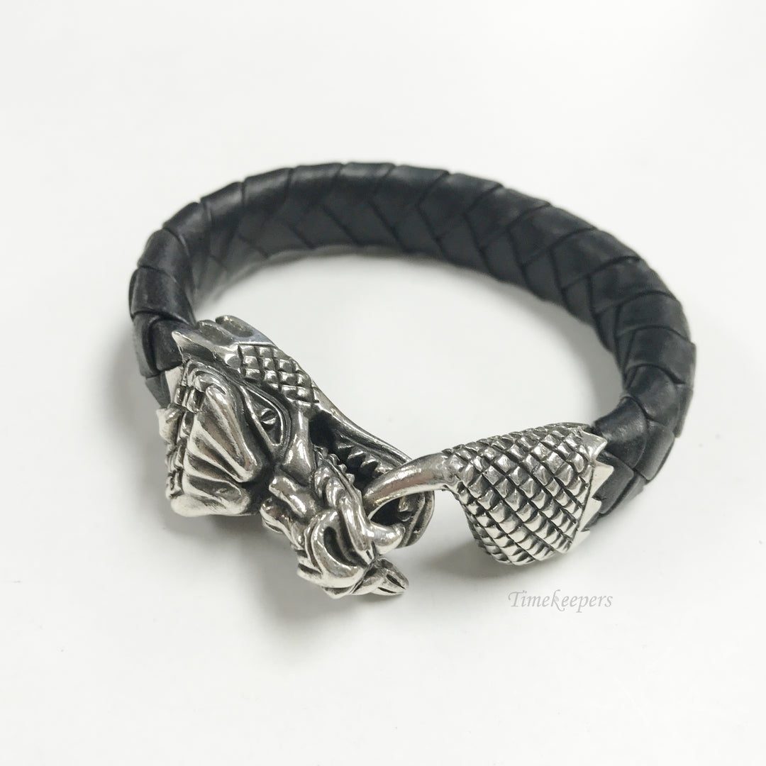 e880 King Baby .925 Silver Dragon Clasp Braided Black Leather Bracelet 7.5" Long