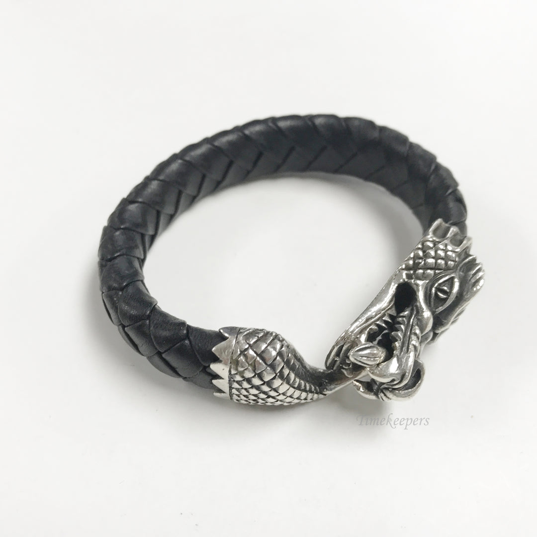 e880 King Baby .925 Silver Dragon Clasp Braided Black Leather Bracelet 7.5" Long
