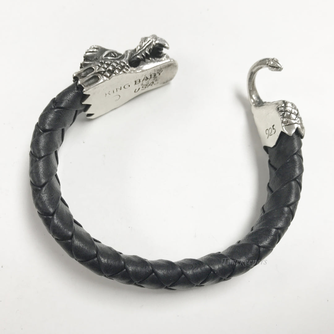 e880 King Baby .925 Silver Dragon Clasp Braided Black Leather Bracelet 7.5" Long