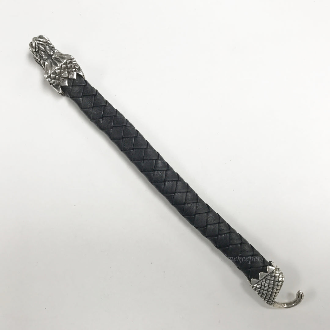 e880 King Baby .925 Silver Dragon Clasp Braided Black Leather Bracelet 7.5" Long