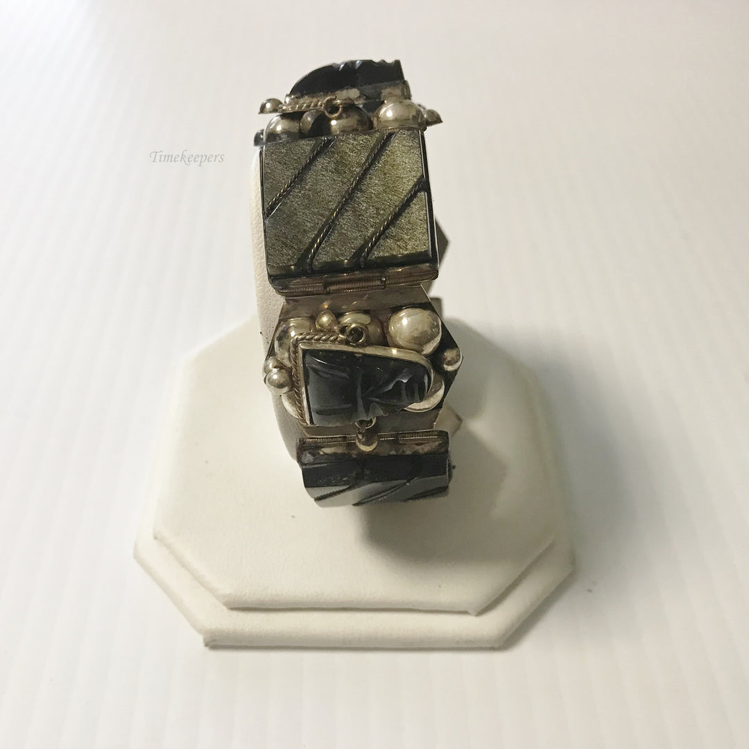 f099 Vintage Unique Dark Stone 925 Sterling Silver Link Bracelet 7" Long