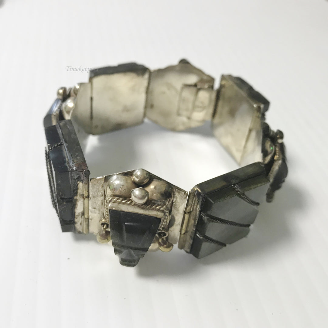 f099 Vintage Unique Dark Stone 925 Sterling Silver Link Bracelet 7" Long