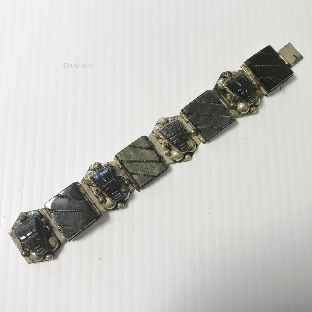 f099 Vintage Unique Dark Stone 925 Sterling Silver Link Bracelet 7" Long