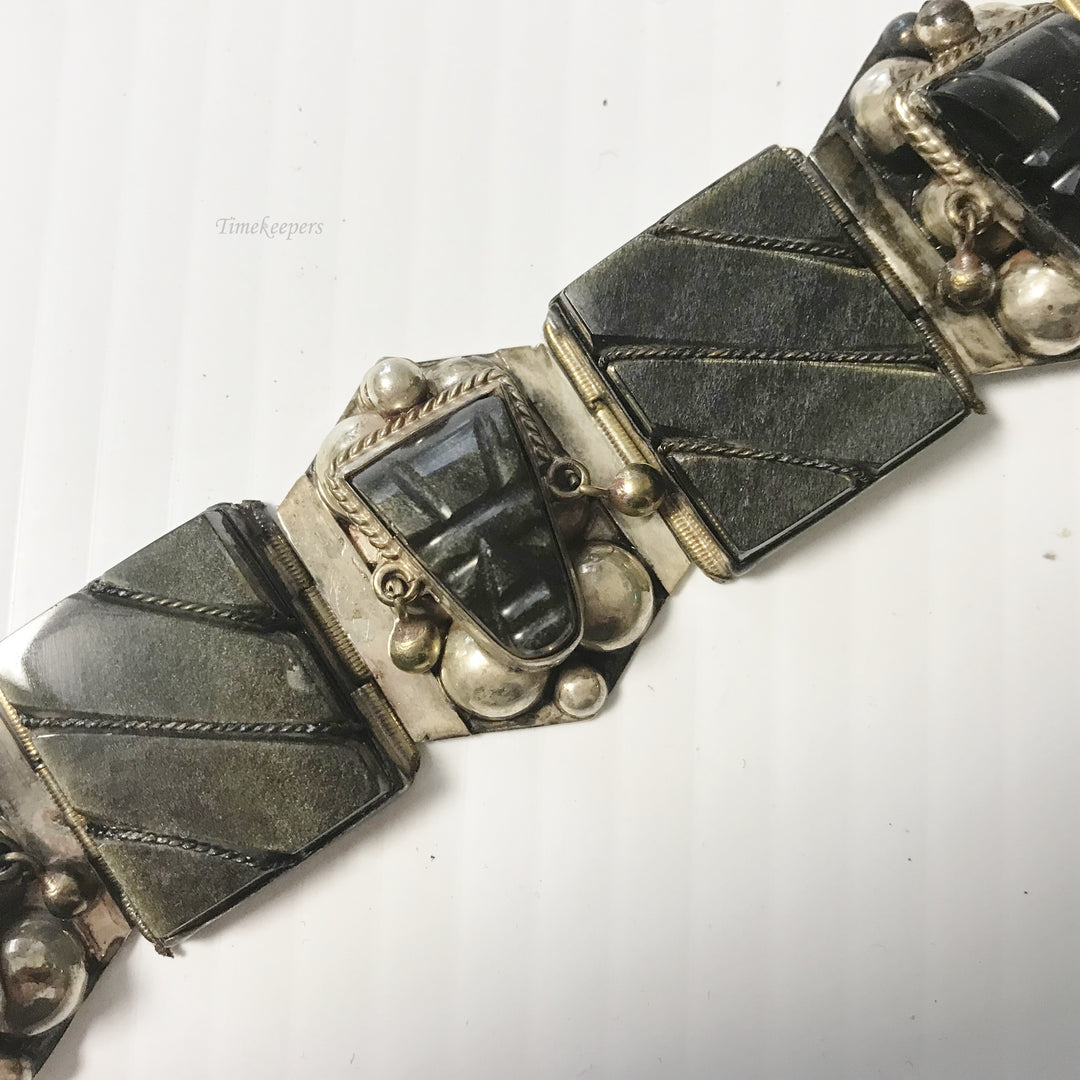 f099 Vintage Unique Dark Stone 925 Sterling Silver Link Bracelet 7" Long