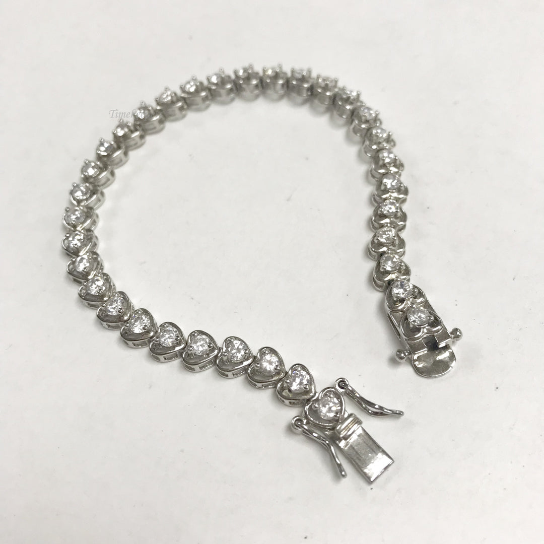 f149 Vintage Sterling Silver White Stone Heart Link Bracelet 6.5"