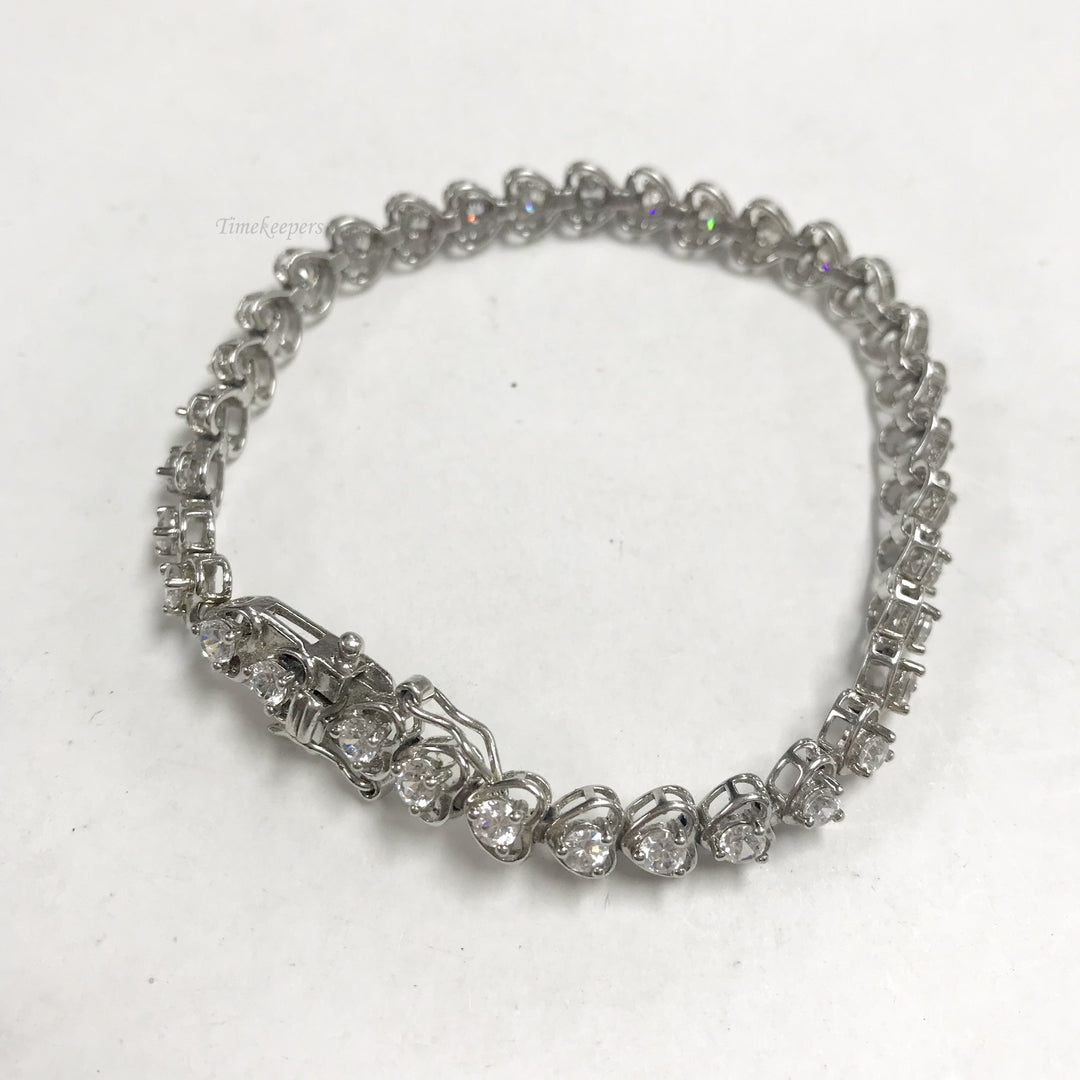 f149 Vintage Sterling Silver White Stone Heart Link Bracelet 6.5"