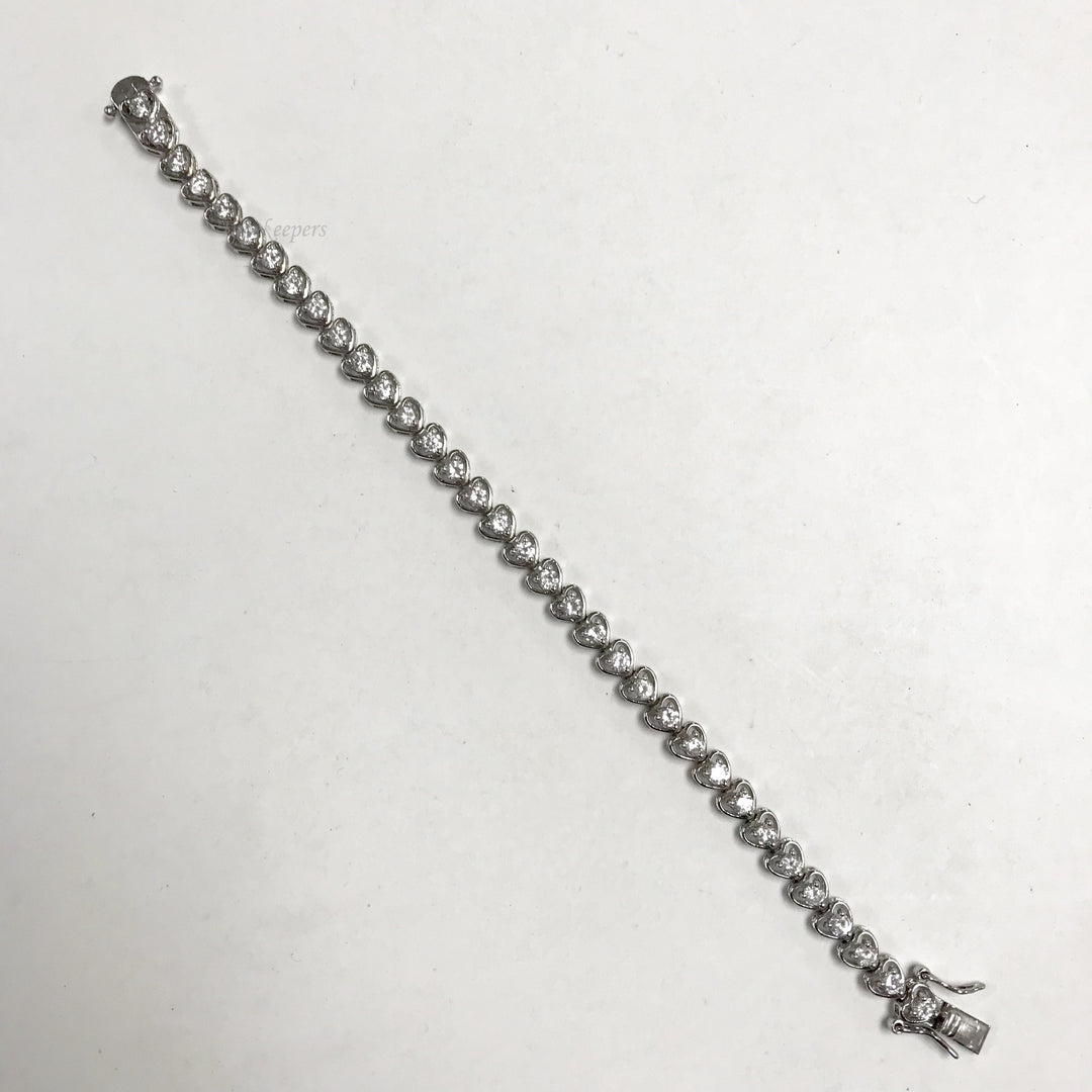f149 Vintage Sterling Silver White Stone Heart Link Bracelet 6.5"