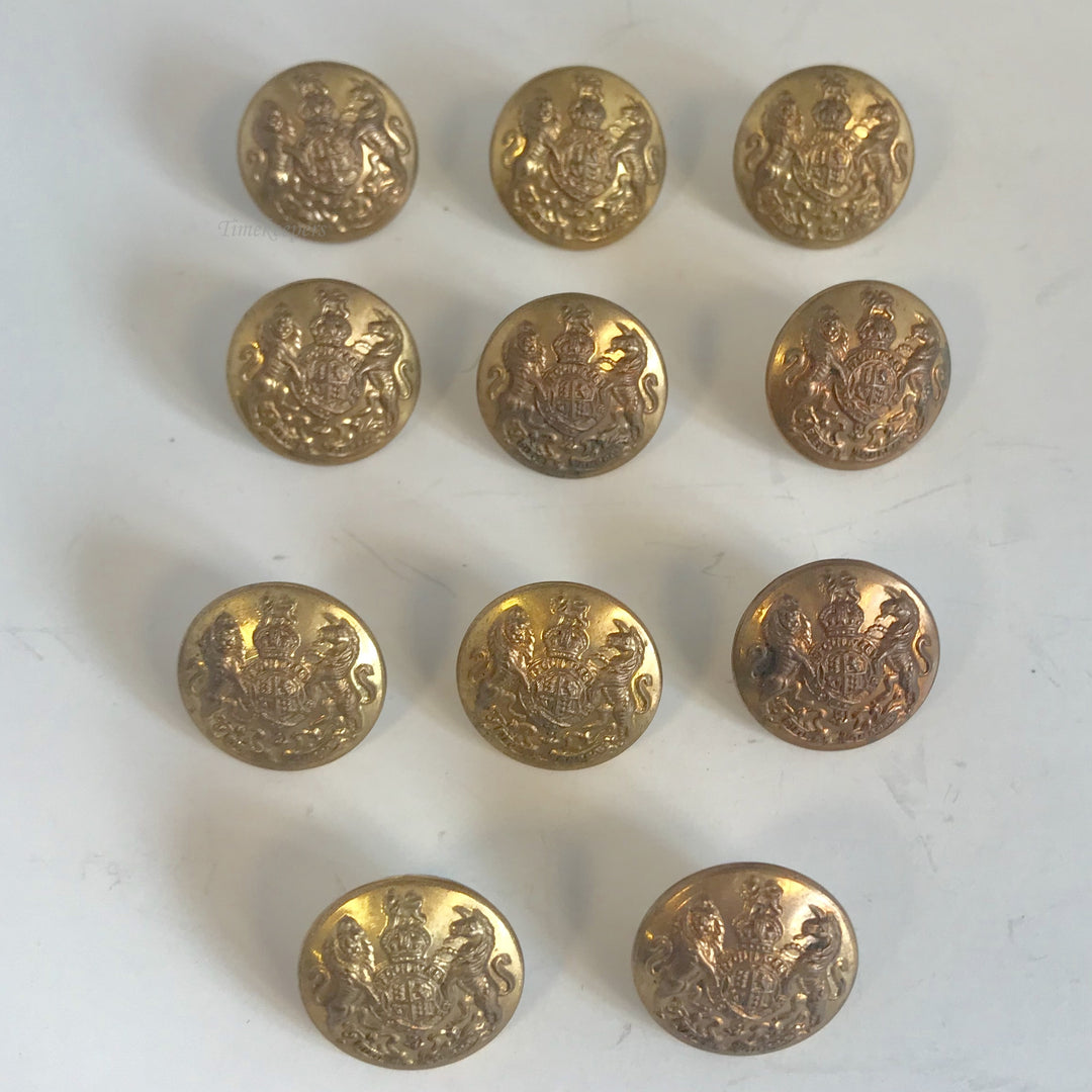 f178 Antique Metal Buttons Gold Tone Crown Logo Set of 11