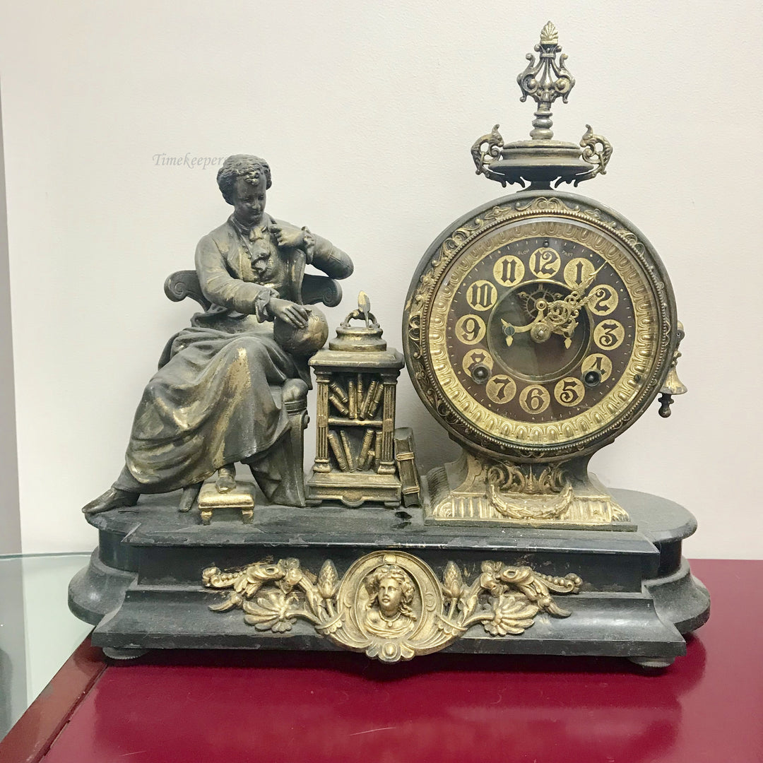 f246 Antique 1800's Ansonia Newton W/2 Decanters Bronze Miniature Stand Clock