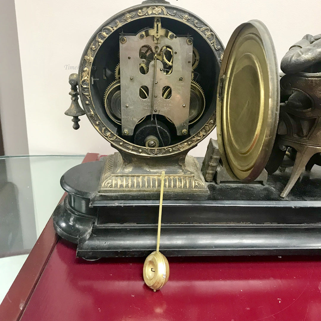 f246 Antique 1800's Ansonia Newton W/2 Decanters Bronze Miniature Stand Clock