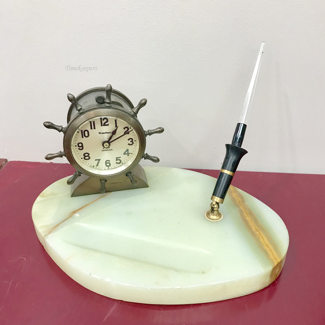 f252 Antique 1930's Waterbury Made in USA Mantel Standing Clock Marble Bronze