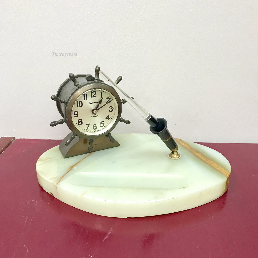 f252 Antique 1930's Waterbury Made in USA Mantel Standing Clock Marble Bronze