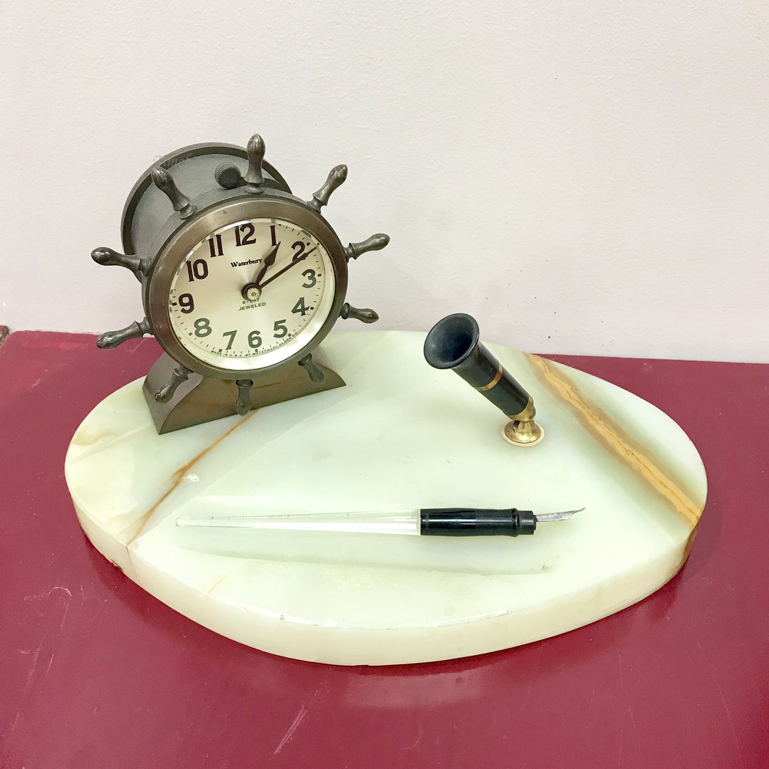 f252 Antique 1930's Waterbury Made in USA Mantel Standing Clock Marble Bronze