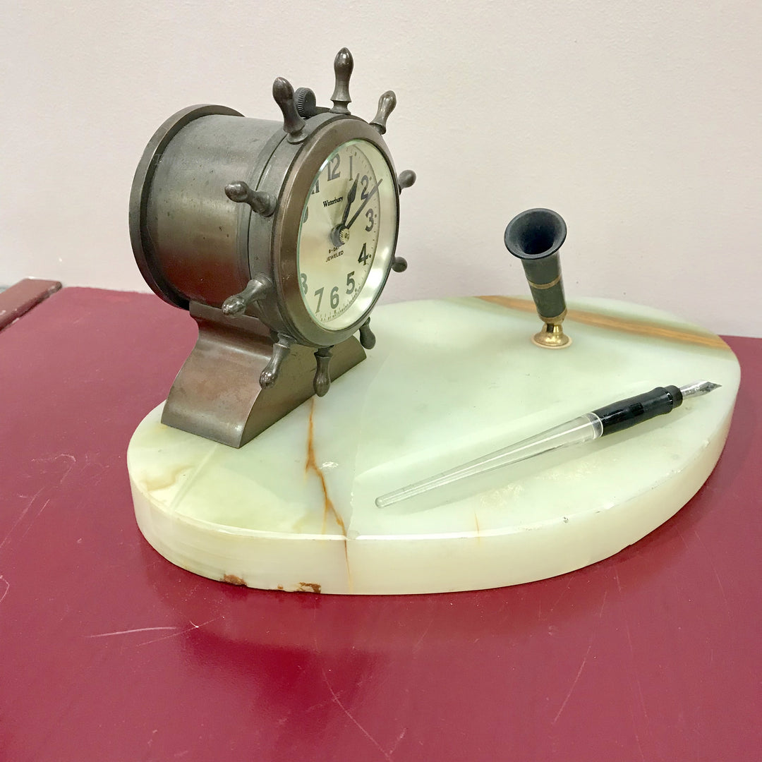 f252 Antique 1930's Waterbury Made in USA Mantel Standing Clock Marble Bronze