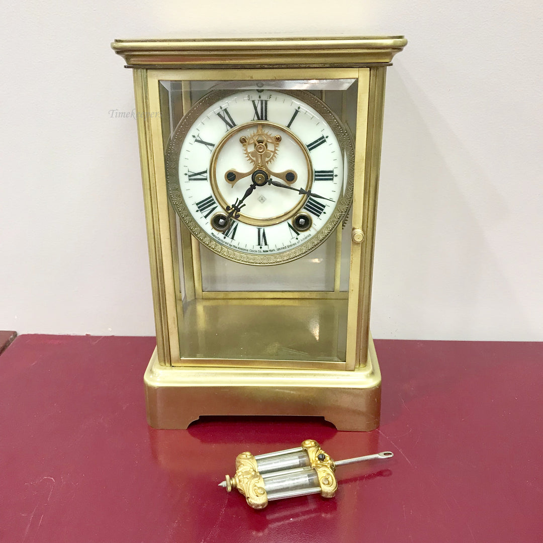 f253 Antique 1900's Ansonia Made in USA Mantel Standing Clock Crystal Regulator