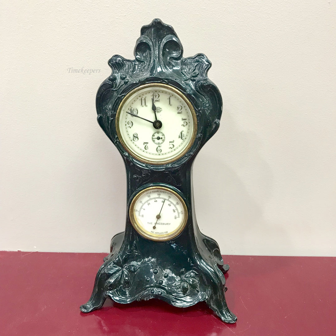 f326 Antique The Amesbury 1920s Metal Mantle Stand Clock with Thermometer