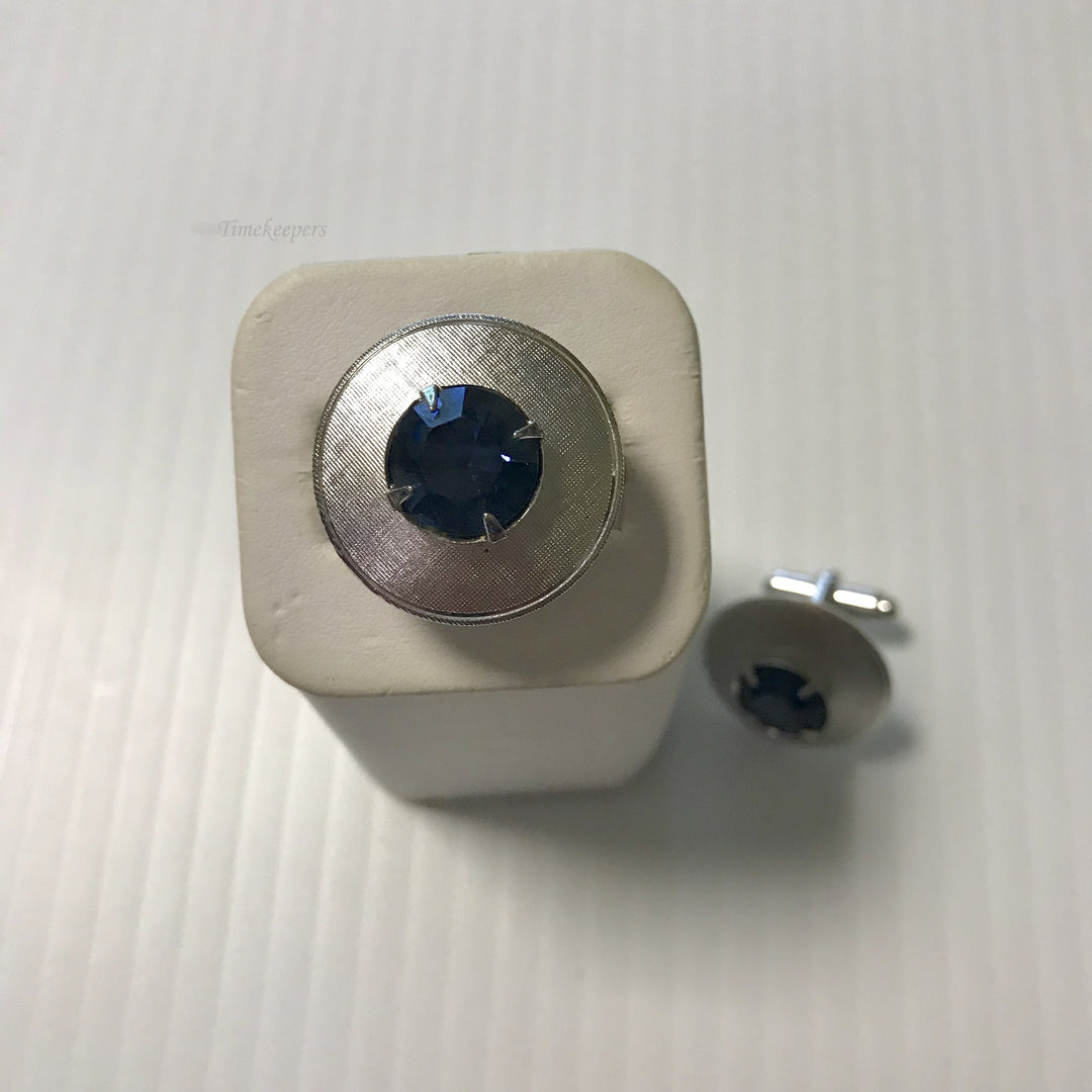 f345 Vintage Silver Tone Blue Stone Round Men's Cuff Links