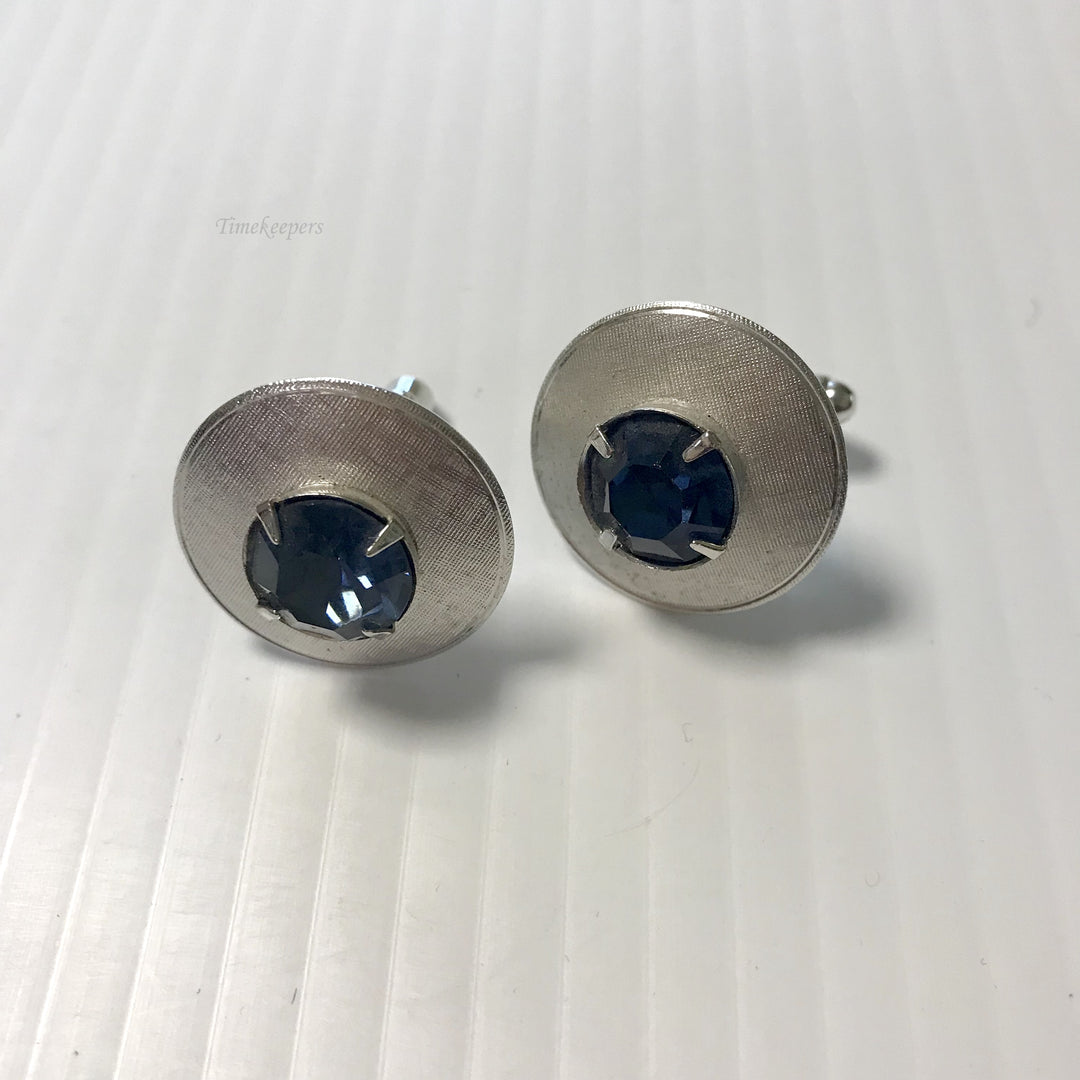 f345 Vintage Silver Tone Blue Stone Round Men's Cuff Links