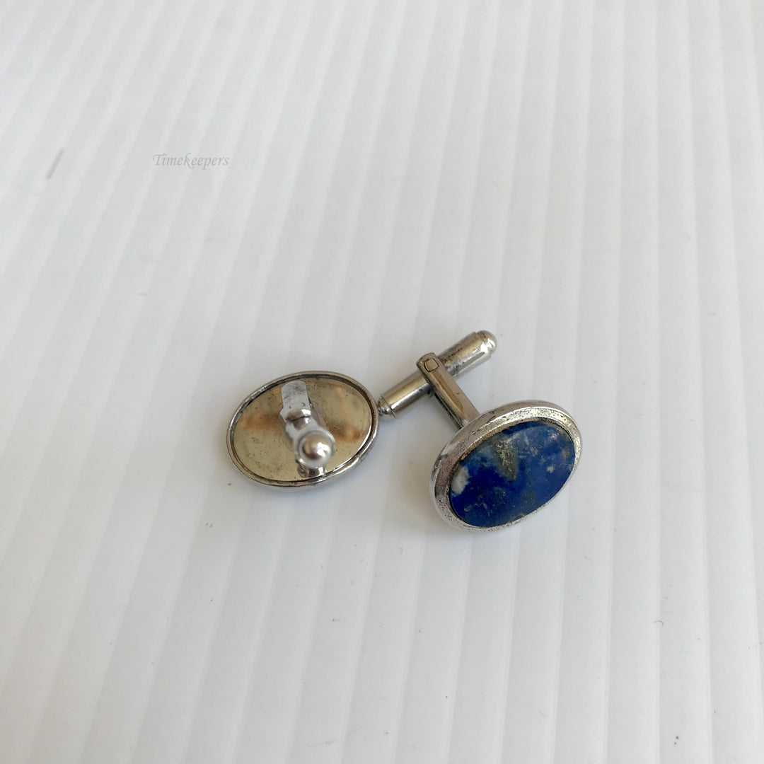f347 Vintage Silver Tone Oval Blue Stone Men's Cuff Links