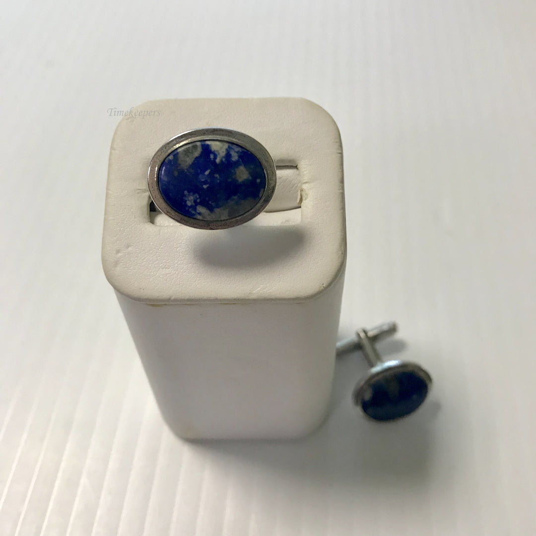 f347 Vintage Silver Tone Oval Blue Stone Men's Cuff Links
