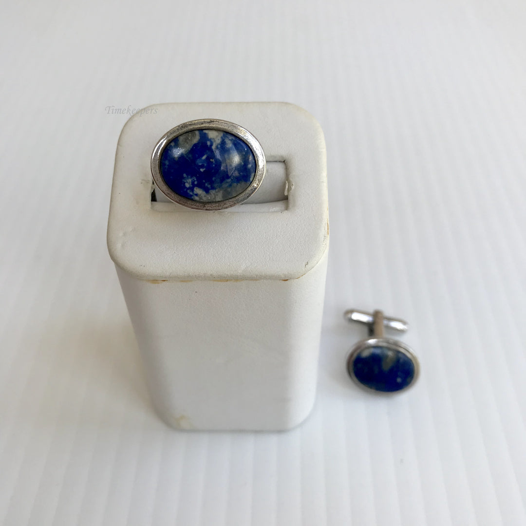 f347 Vintage Silver Tone Oval Blue Stone Men's Cuff Links