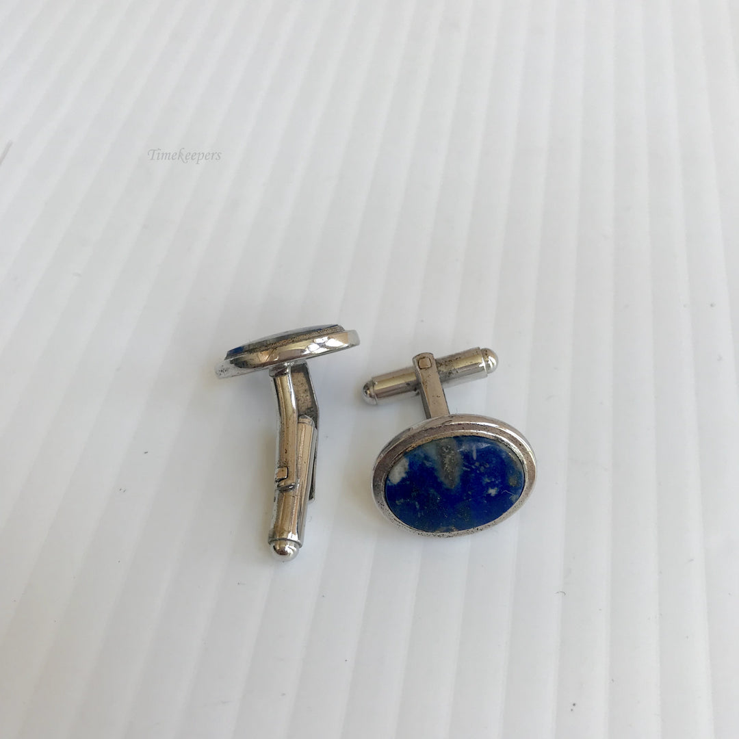 f347 Vintage Silver Tone Oval Blue Stone Men's Cuff Links