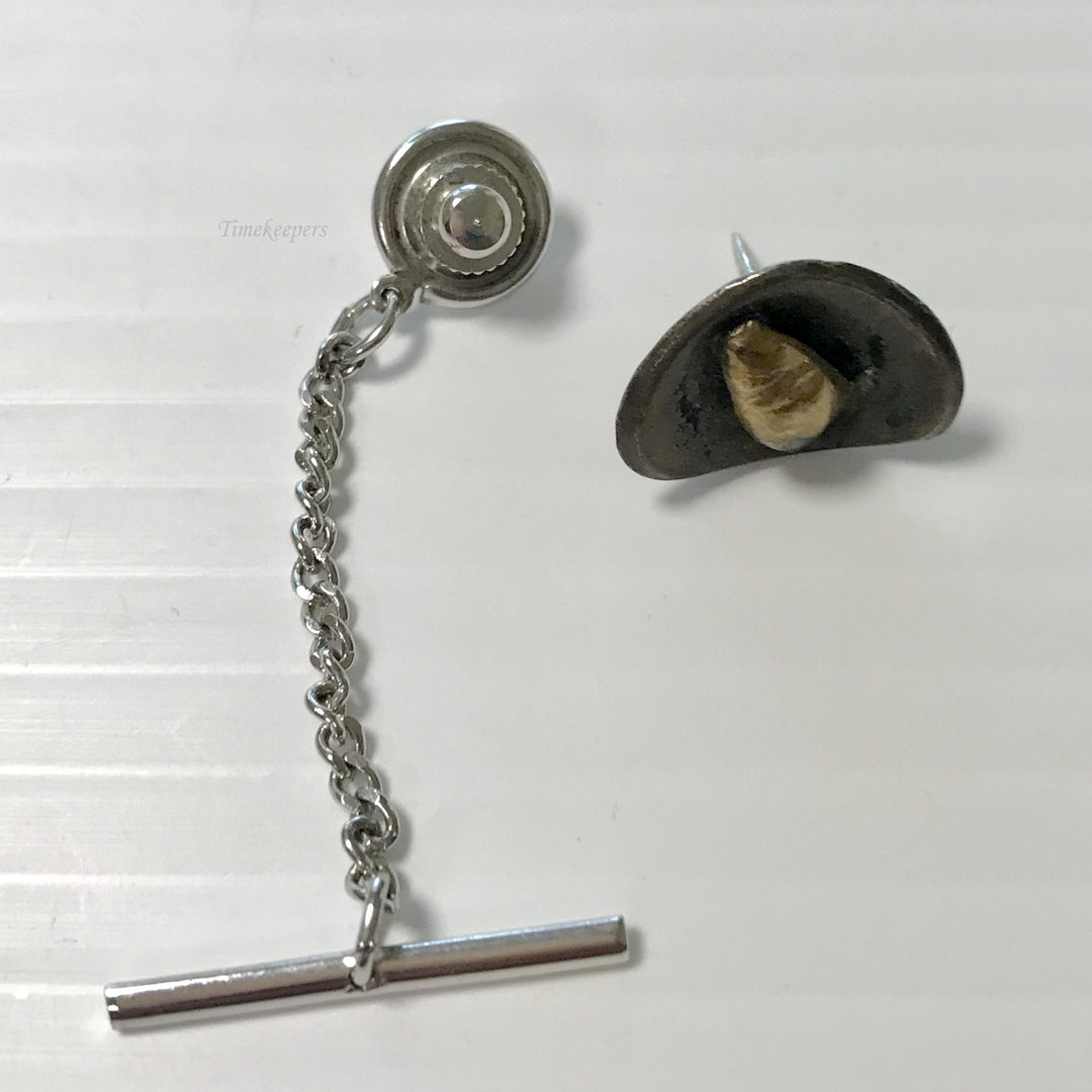 f368 Vintage Gold & Silver Tone Tie Tack & Button Chain