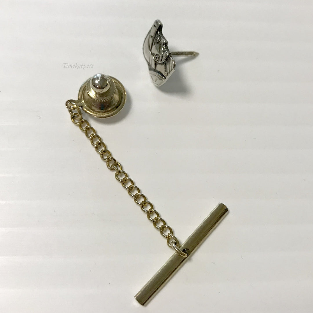 f369 Vintage Silver Tone Tie Tack & Button Chain