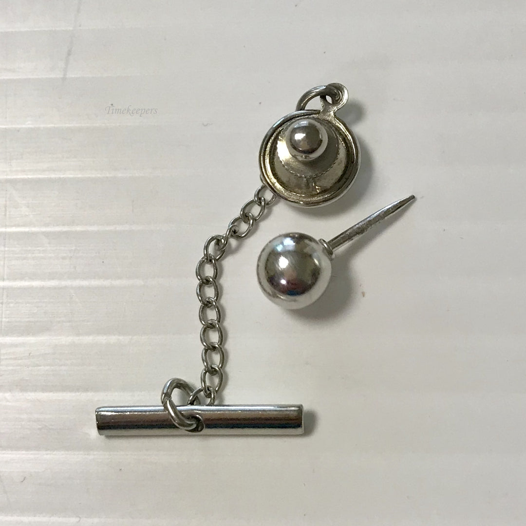 f370 Vintage Silver Tone Ball Tie Tack & Button Chain