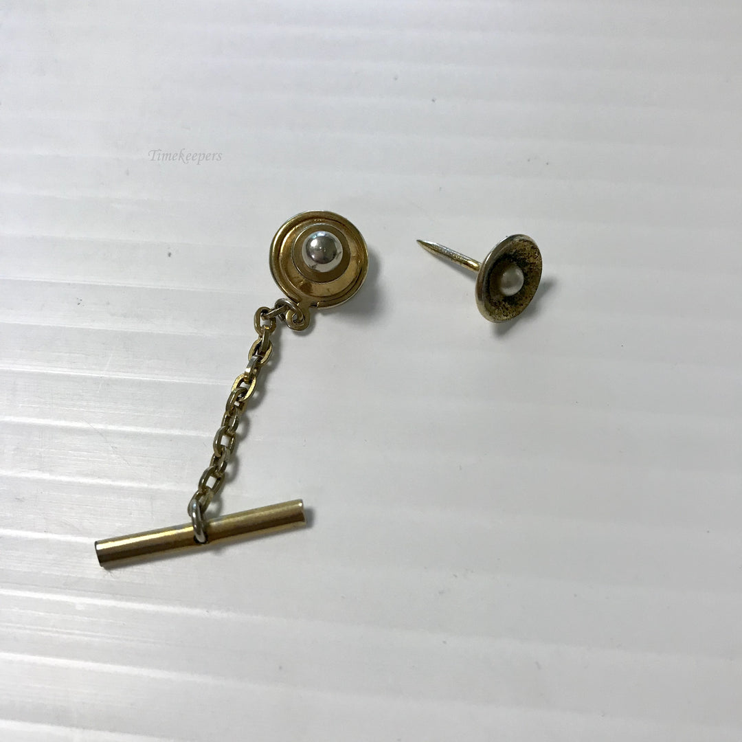 f373 Vintage Gold Tone Pearl Tie Tack & Button Chain