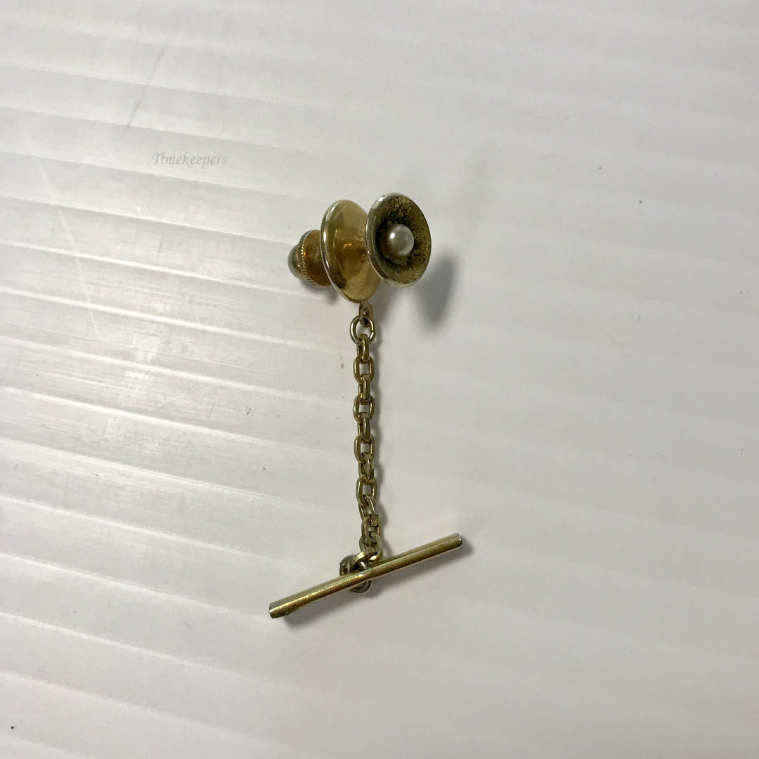 f373 Vintage Gold Tone Pearl Tie Tack & Button Chain
