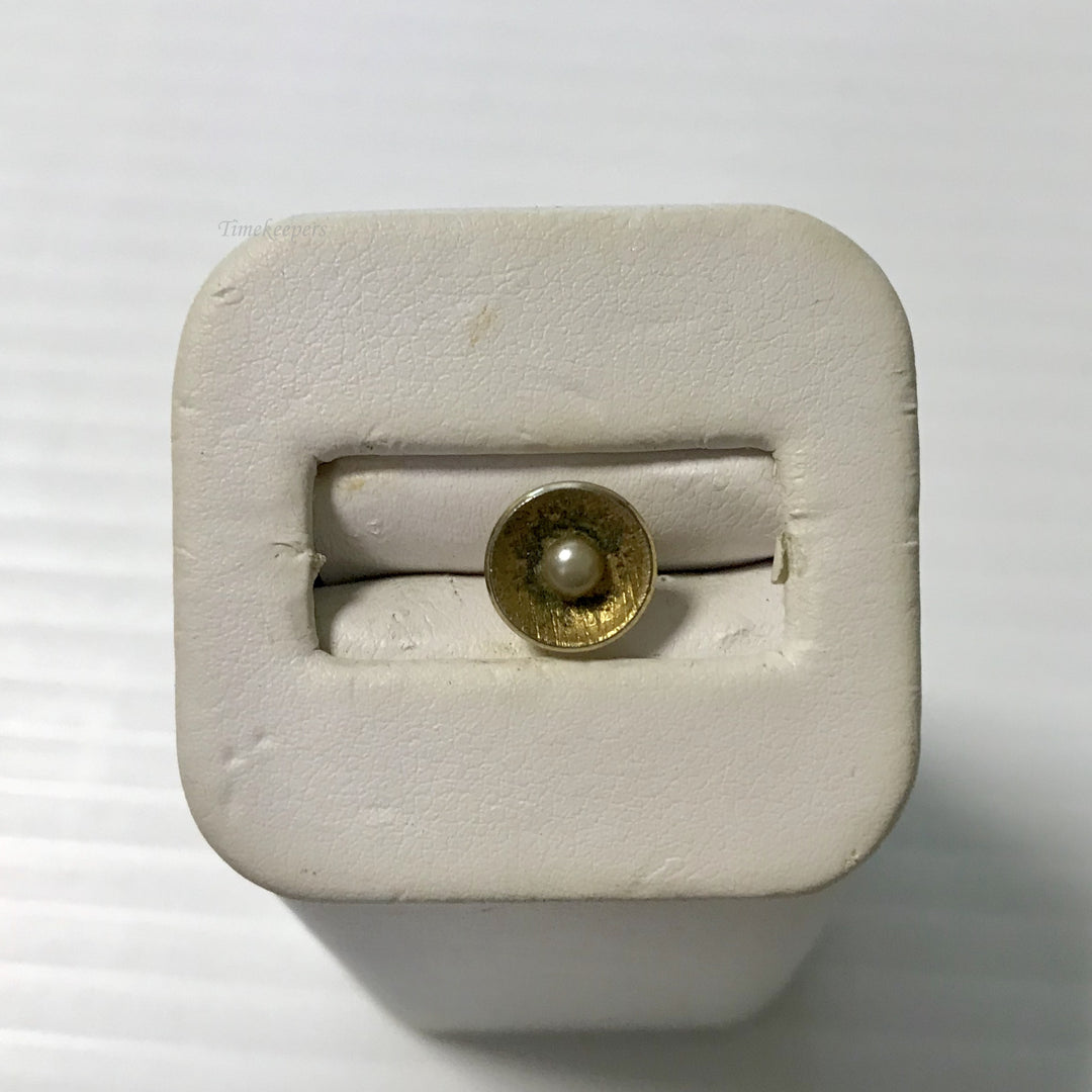 f373 Vintage Gold Tone Pearl Tie Tack & Button Chain