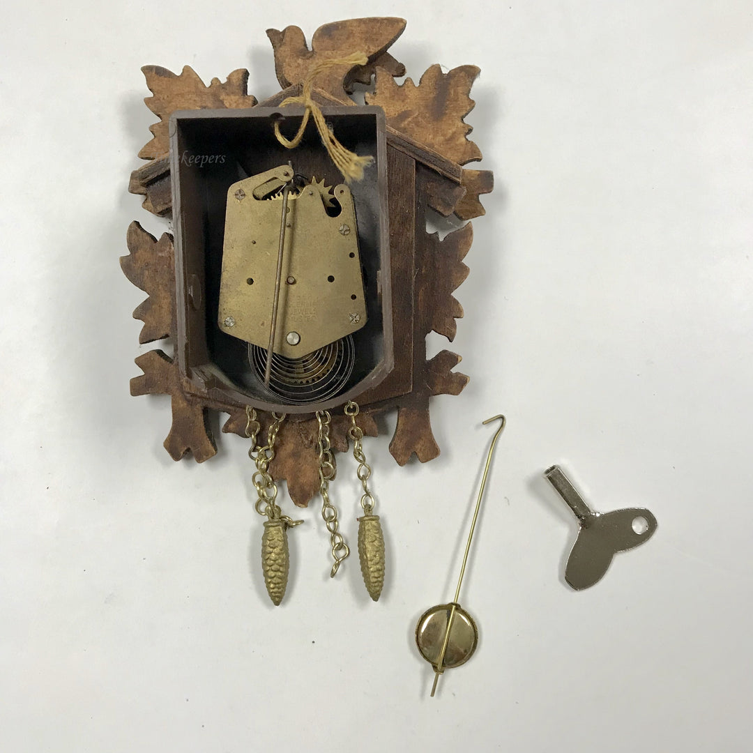 f390 Vintage German Pendulette Carved Wood Miniature Wall Novelty Clock 1900's