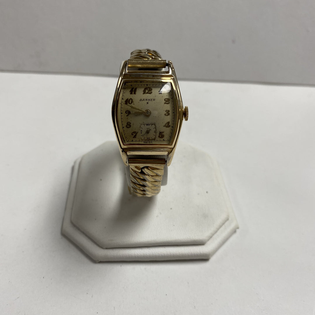 f458 Vintage Banner Swiss Mechanical Men's Wrist Watch Gold Tone 17J