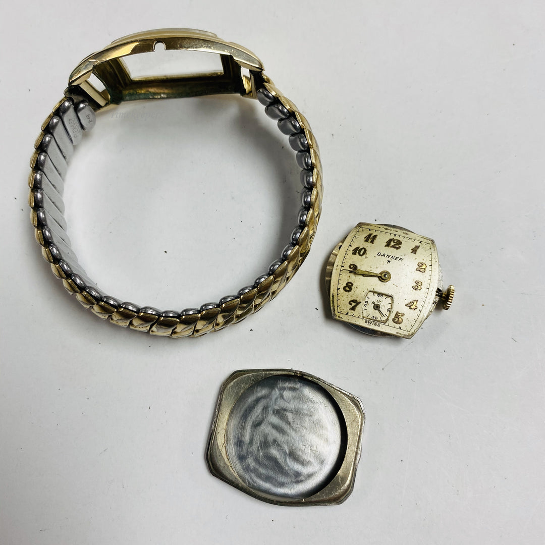 f458 Vintage Banner Swiss Mechanical Men's Wrist Watch Gold Tone 17J