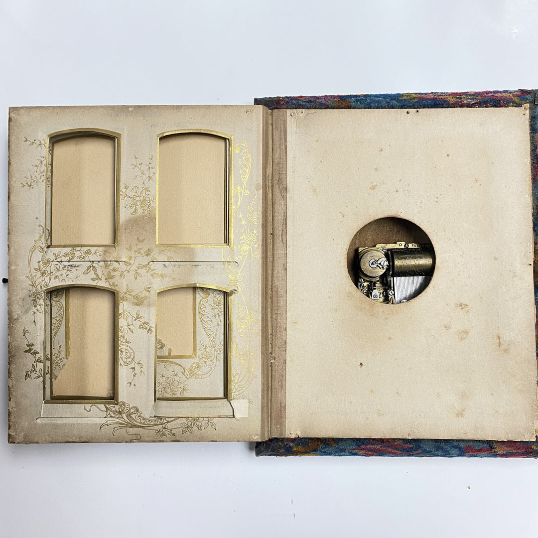 f499 Antique Victorian Velvet Photo Album Front Mirror Ornate Brass Musical Box